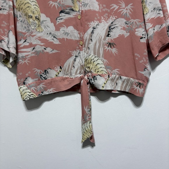 AllSaints Blouse Womens L Pink Leni Borneo Tie Front Tropical Tiger Short Sleeve - Picture 3 of 10